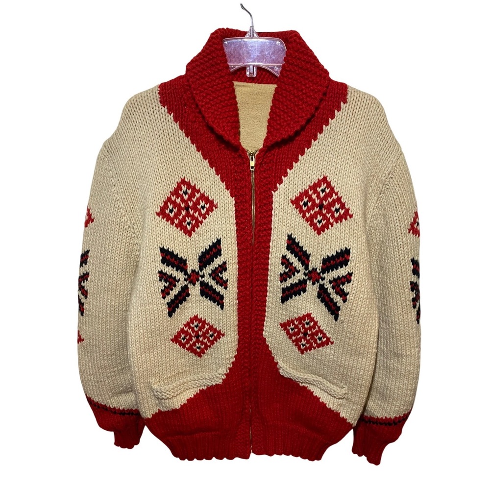 Vintage Mary Maxim Pueblo Indian Hand Knit Cowichan Sweater‎ Red Cream Zip XL